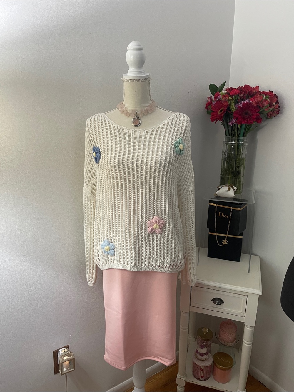 Love Knits Cream Open-Knit Crochet Top with Pastel Flower Appliqués